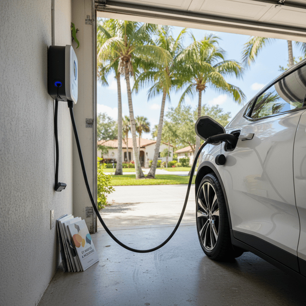 Electric vehicle charging on a wall-mounted Level 2 charger inside a Florida-style garage with palm trees visible outside.