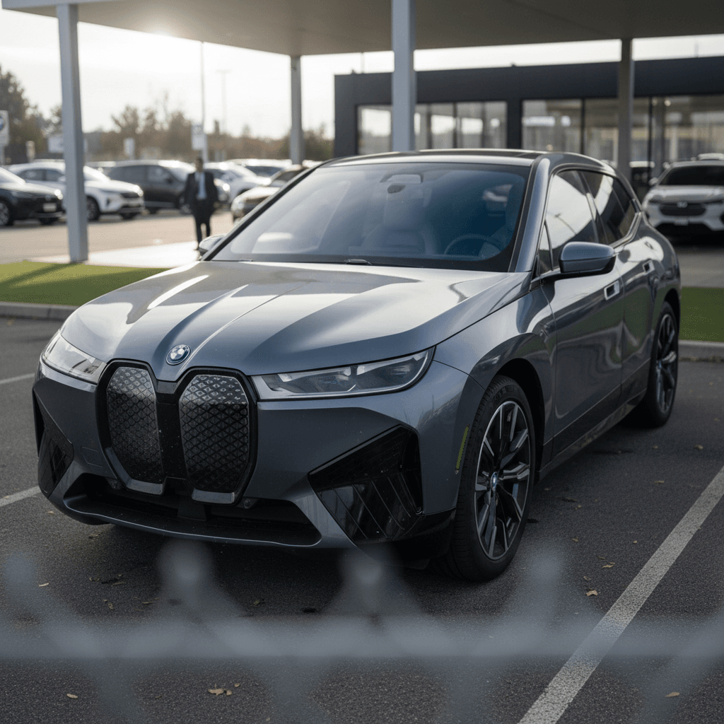Used 2024 BMW iX electric SUV parked on dealership lot, highlighting exterior condition and wheels