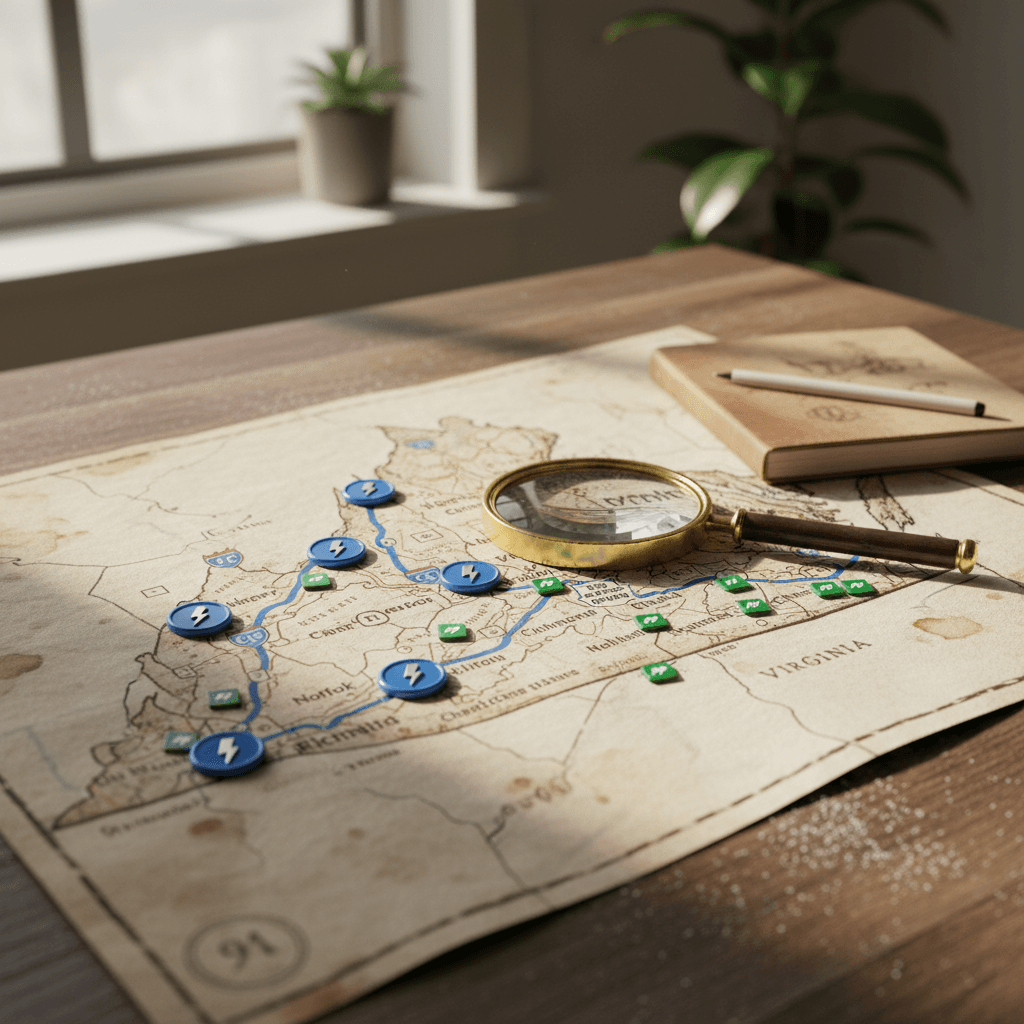 Illustrated map of Virginia highlighting interstate corridors with fast chargers and clusters of Level 2 stations in major cities.