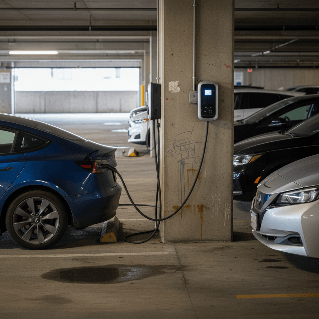 Interior of a Baltimore parking garage with several electric vehicles using free or low-cost Level 2 chargers along a row of concrete pillars.