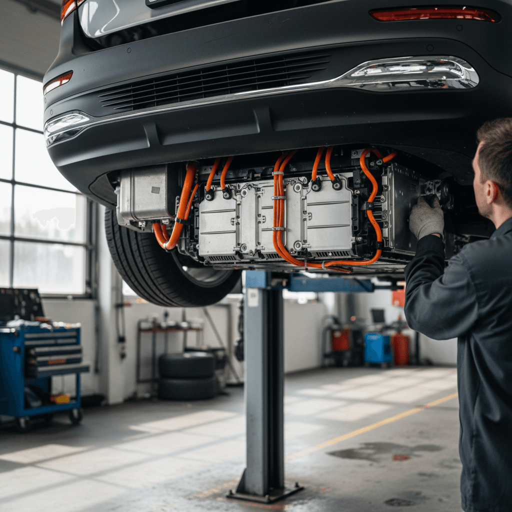 Technician inspecting the high-voltage battery and orange cables underneath a Mercedes EQB on a service lift