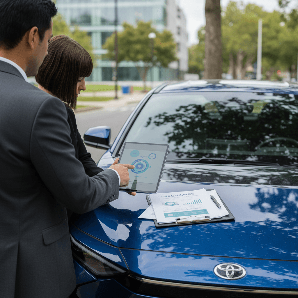 Insurance agent reviewing full-coverage policy options with Toyota bZ4X driver
