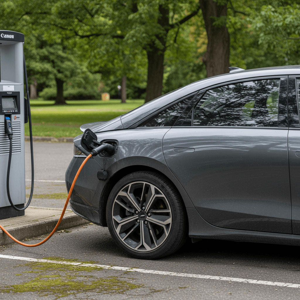 Used Hyundai Ioniq 6 electric sedan plugged into a fast charger, highlighting its sleek aerodynamic profile