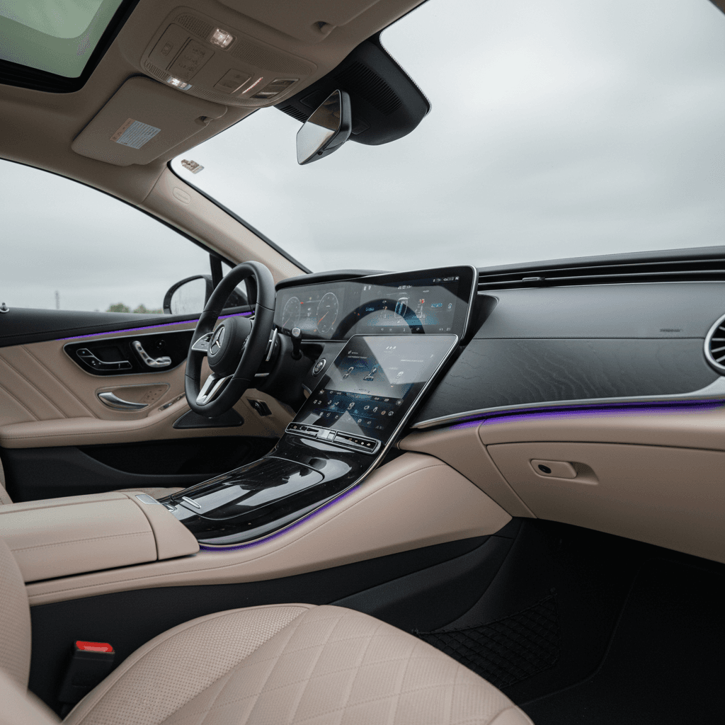 Cabin of a 2023 Genesis GV60 showing dual widescreen displays and crystal sphere shifter