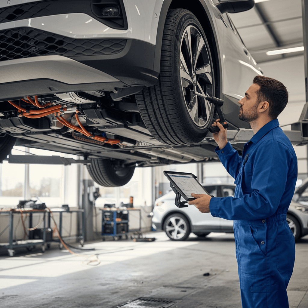 Technician inspecting the underside of a Volkswagen ID.4 in a bright service bay