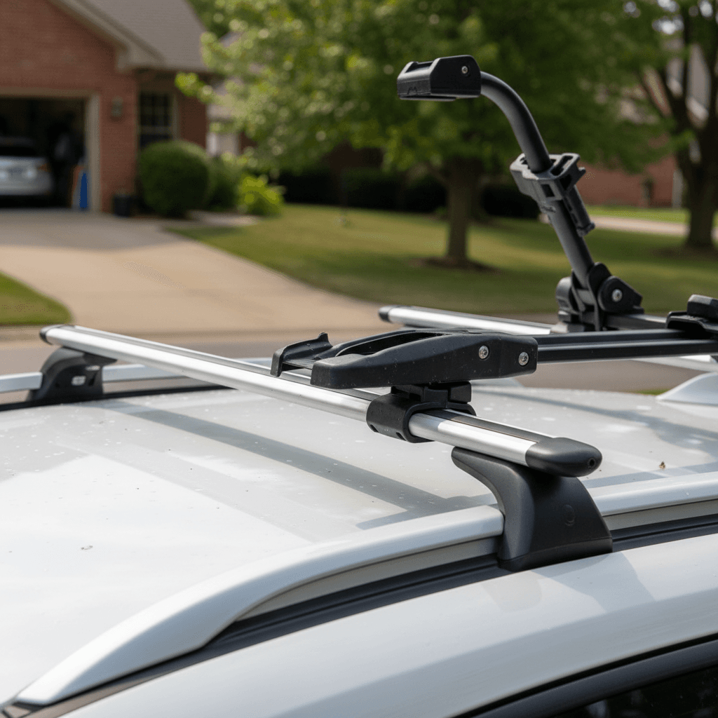 Factory-style roof rails and crossbars on a Chevrolet Bolt EUV with a bike rack installed