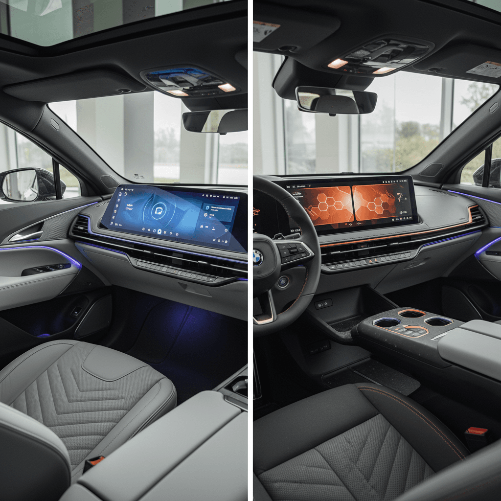 Side‑by‑side view of the Cadillac Lyriq and BMW iX interiors highlighting screens, seats, and ambient lighting.