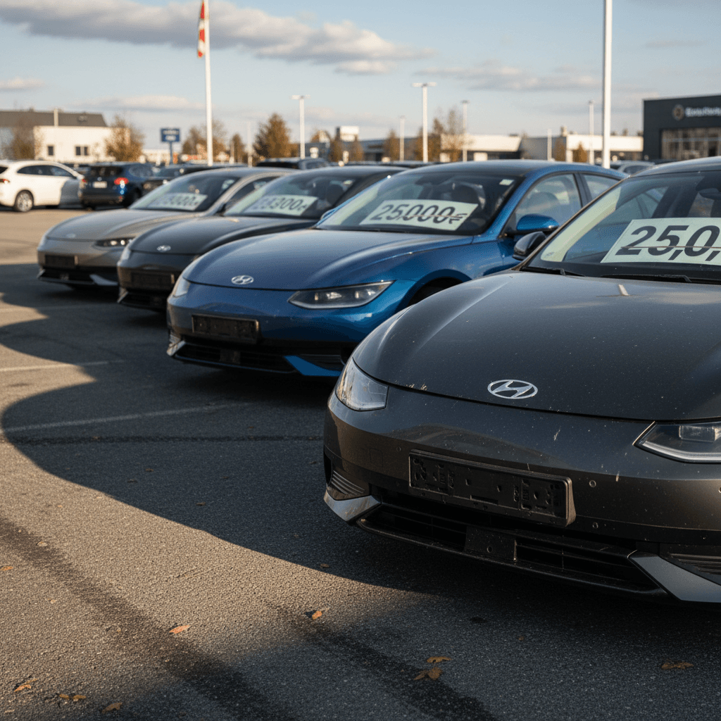 Used Hyundai Ioniq 6 sedans lined up on a dealer lot, each with visible price stickers on the windshield, illustrating 2026 resale values.