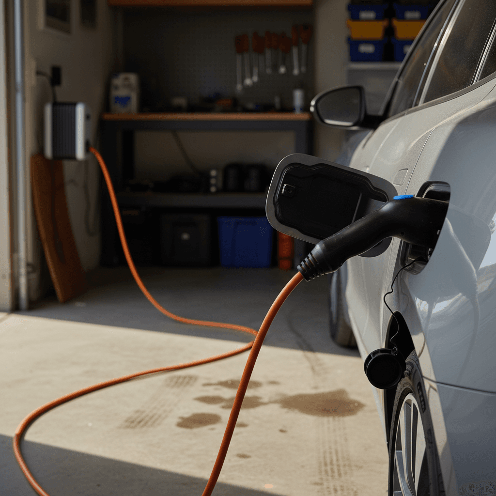 Licensed electrician inspecting wiring on a home EV wall charger during repair