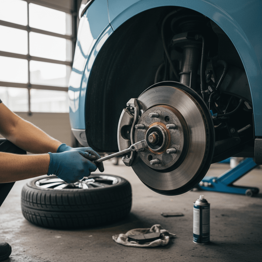 Mechanic replacing front brake pads on an electric Volkswagen van