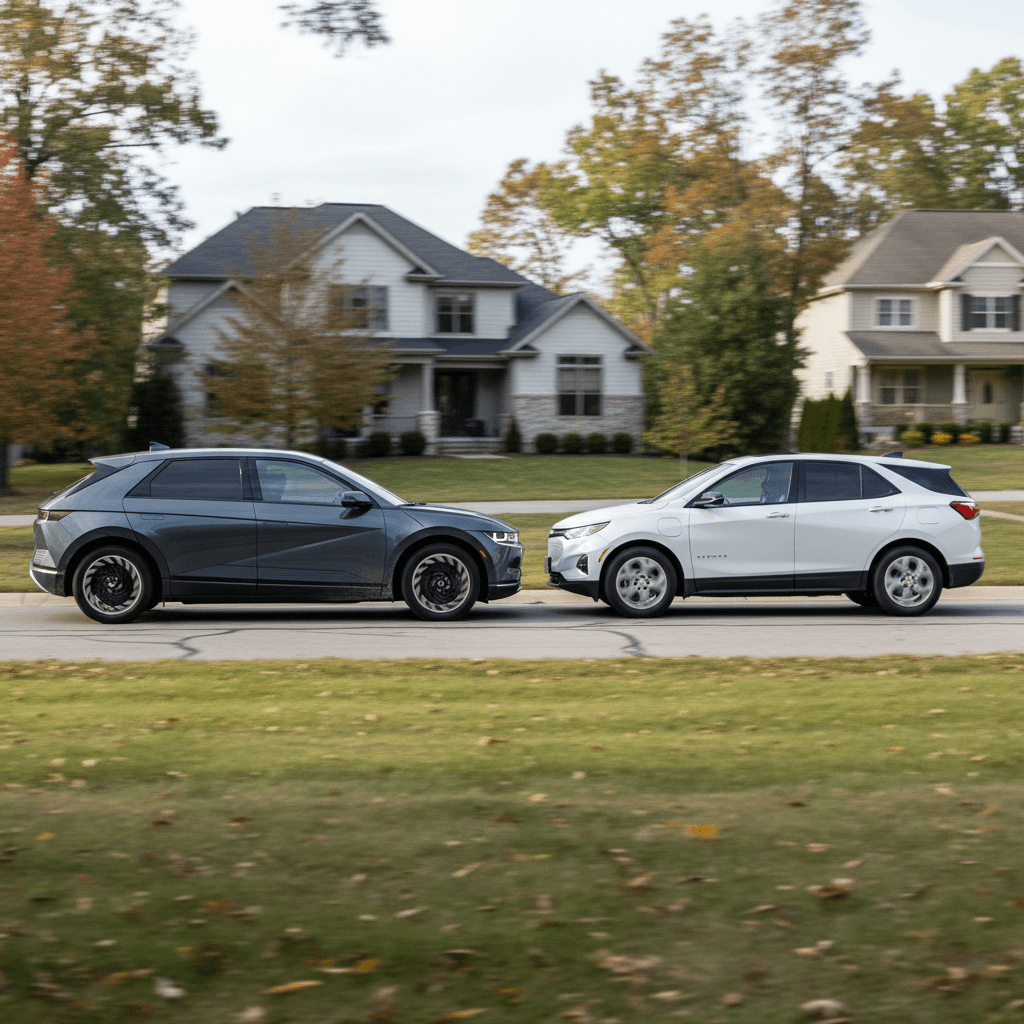 Hyundai Ioniq 5 and Chevrolet Equinox EV driving side by side on a tree-lined suburban road
