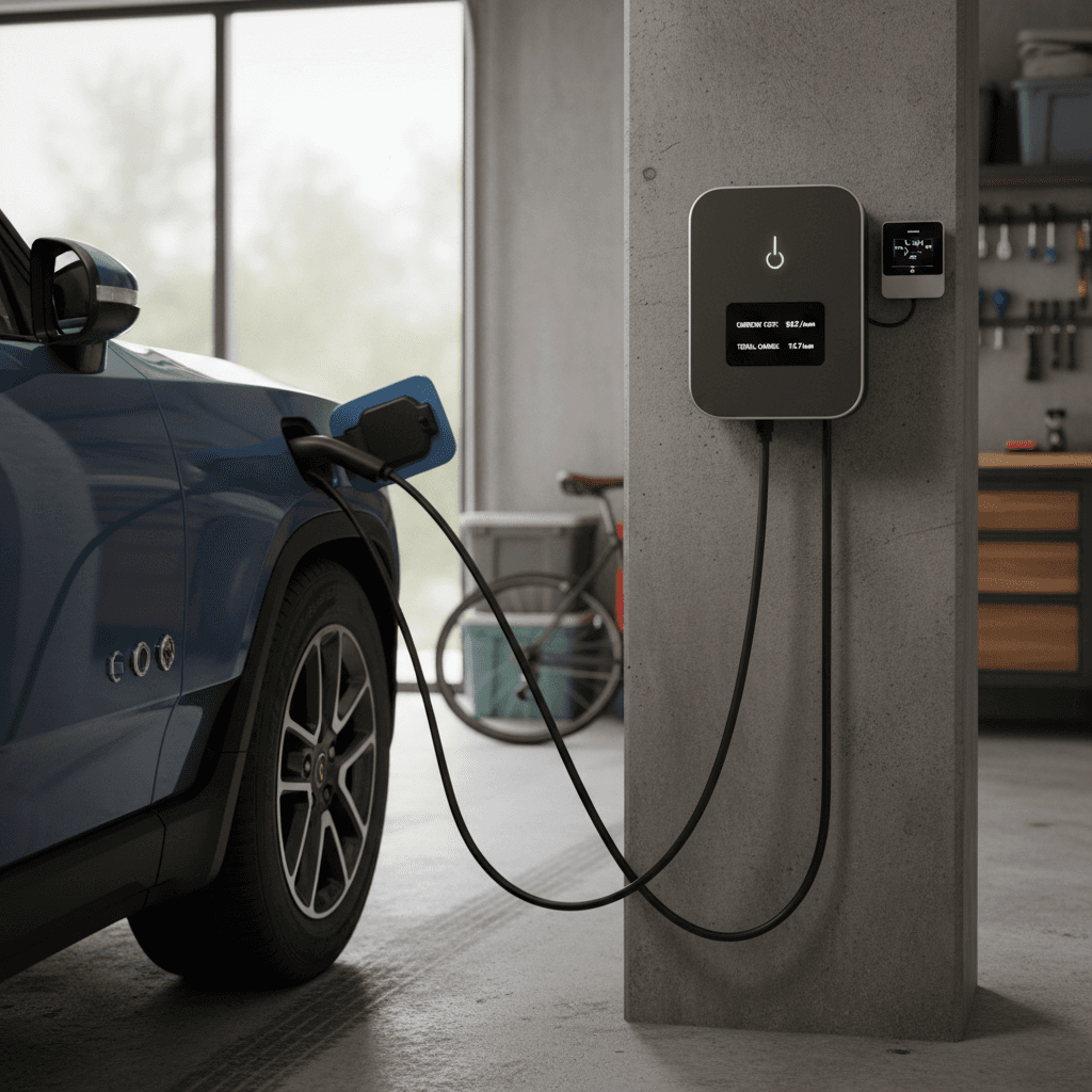 Rivian R1T plugged into a home wallbox charger in a modern garage, illustrating low cost per mile with home charging