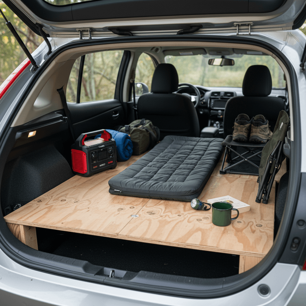 Rear seats folded flat in a Nissan Leaf with a simple sleeping platform, sleeping bag, and compact camping gear neatly organized in the hatch area.