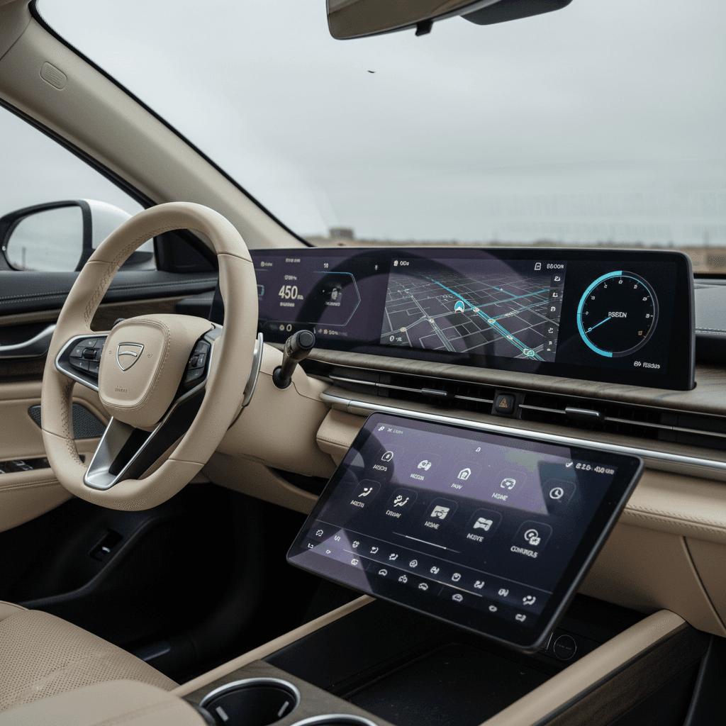 Interior view of a 2022 Lucid Air cockpit focusing on the twin touchscreens and steering wheel, highlighting how software-heavy the car is