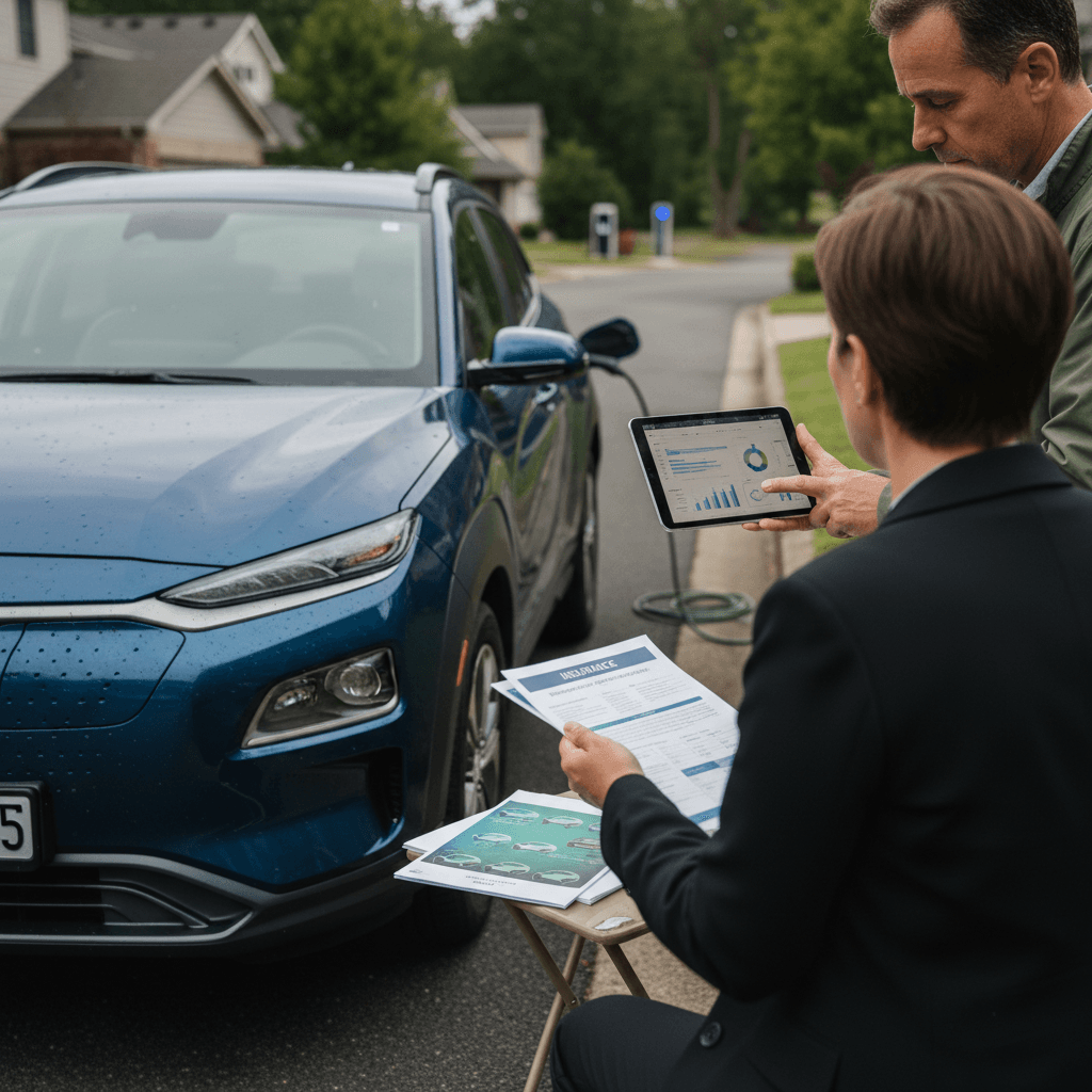 Insurance agent and Hyundai Kona Electric owner reviewing coverage options beside the vehicle in a residential neighborhood