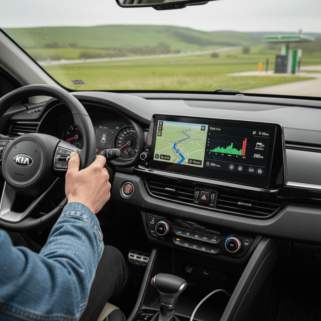 Driver of a Kia Niro EV adjusting drive mode and regen settings while following a highway route on the infotainment screen