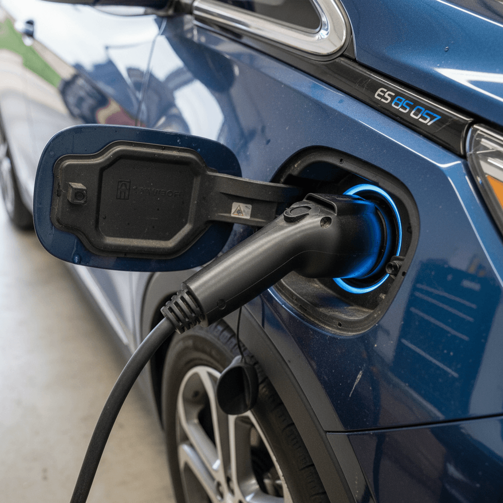 Technician inspecting the charging port and battery status of a used Chevrolet Bolt EV before purchase
