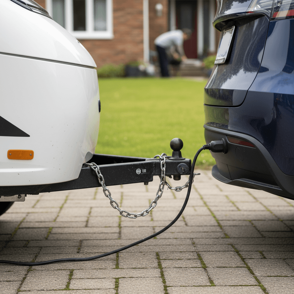 Tesla Model Y hitched to a compact camper trailer in a driveway, illustrating real-world towing setup