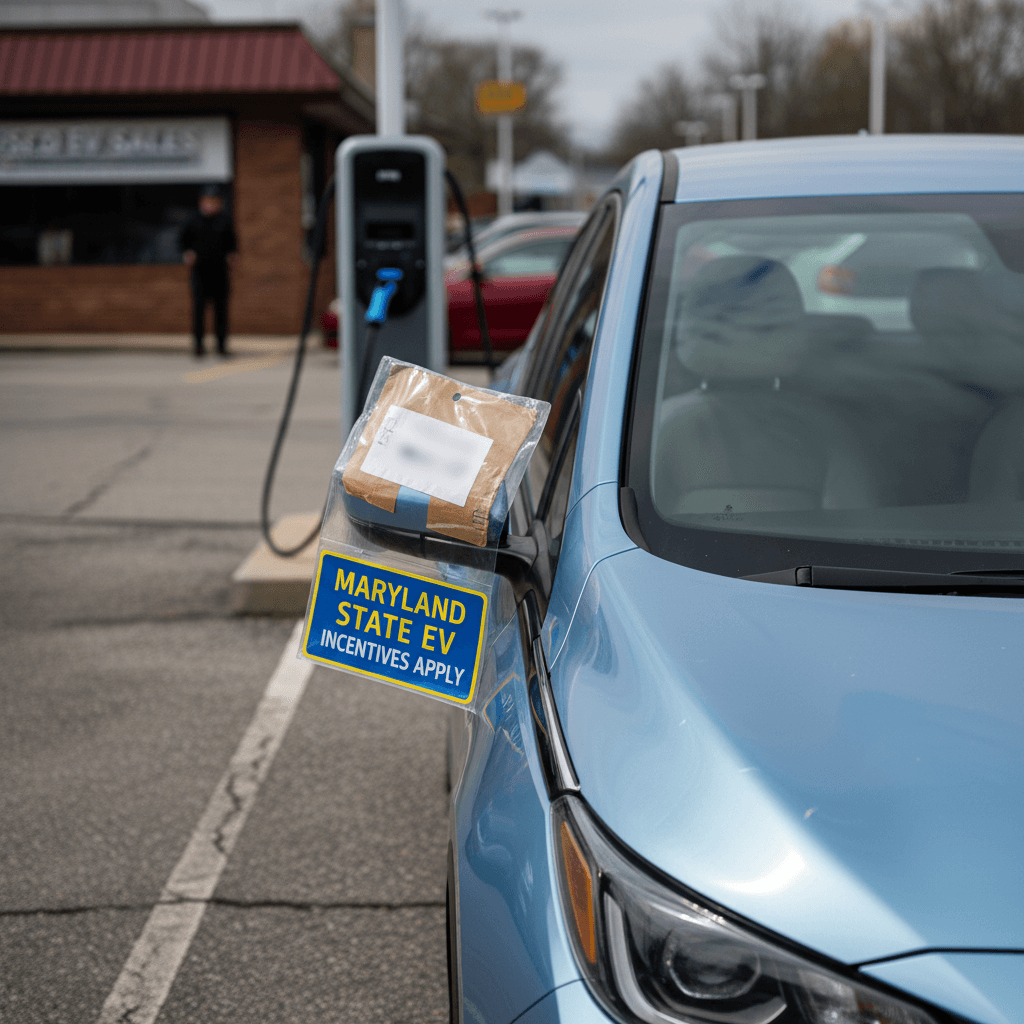 Used electric cars lined up at a Maryland dealership with charging stations visible in the background