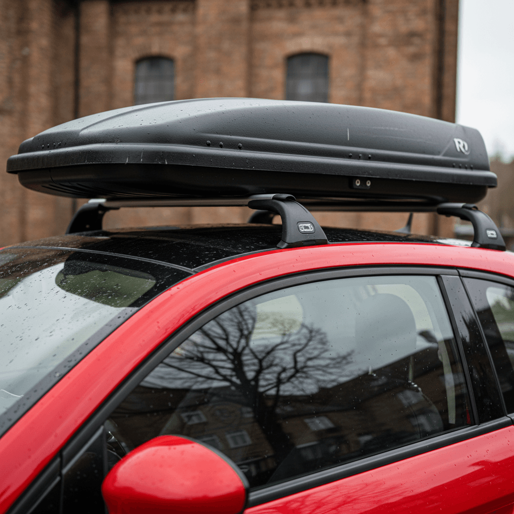Compact electric hatchback with crossbars and a small cargo box mounted on the roof in an urban setting