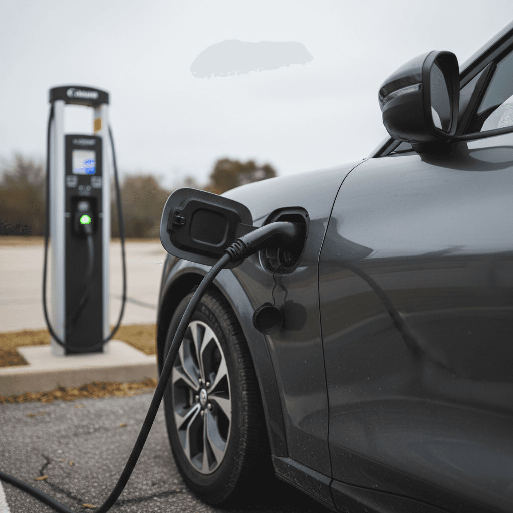 Used 2022 Ford Mustang Mach-E plugged into a public DC fast charger in a parking lot