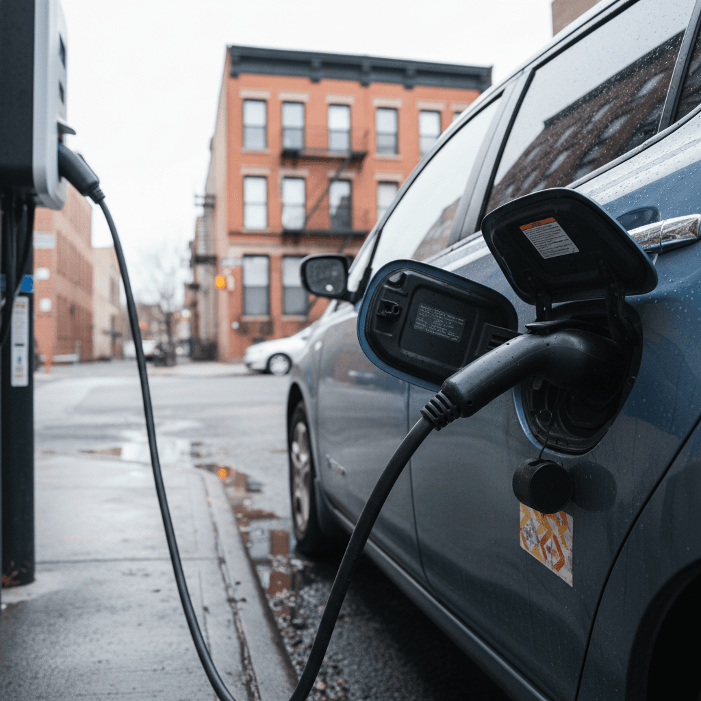 Curbside EV charging station on a New York City street at night