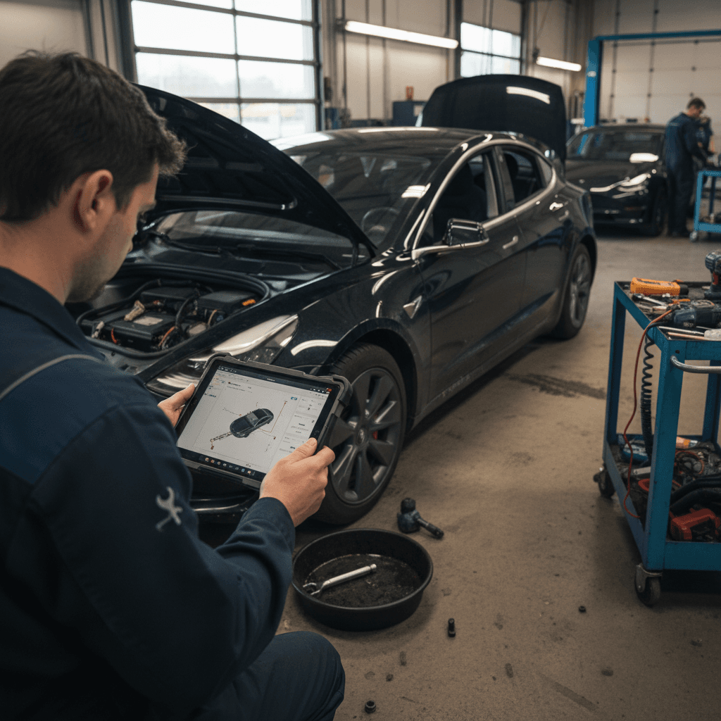 Technician using diagnostic tablet to check battery and system health on a used Tesla Model 3 in a service bay