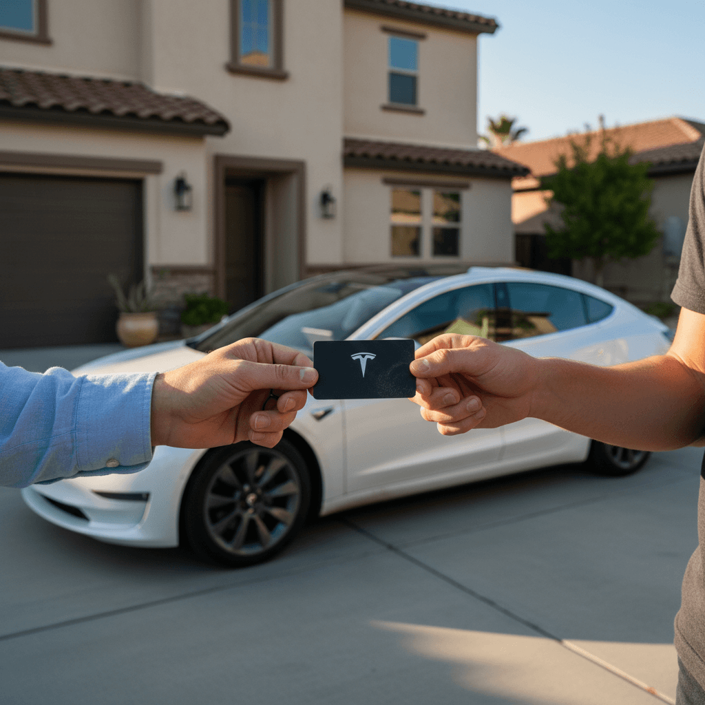 California homeowner meeting a buyer and handing over a Tesla Model 3 key card in a quiet suburban driveway