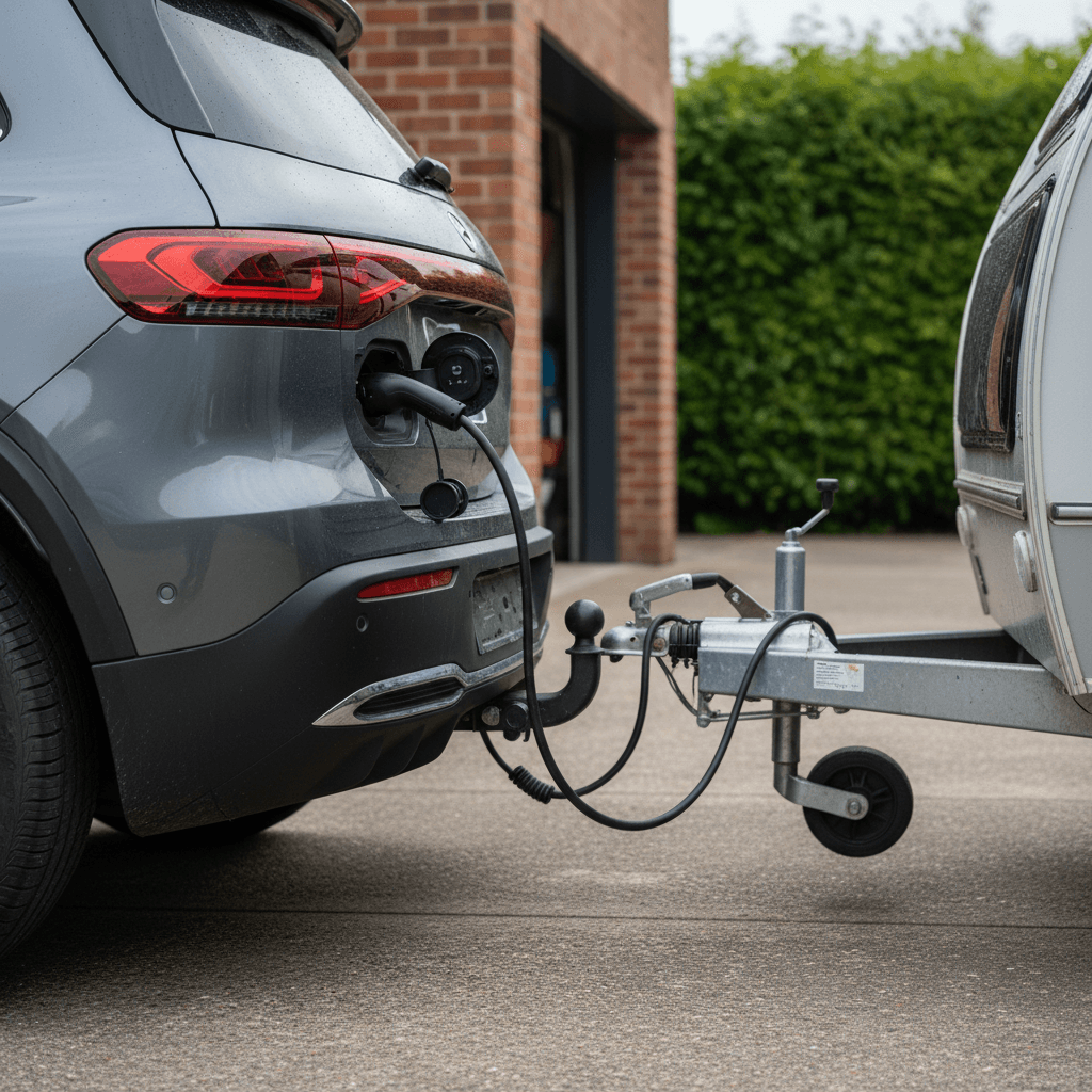 Mercedes EQB backed up to a small camping trailer in a driveway, showing the tow hitch and charging port