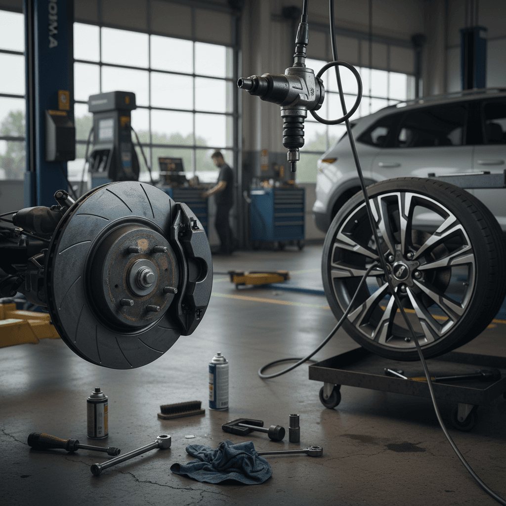 Kia EV9 wheel and brake assembly being inspected during a routine tire rotation at a service center