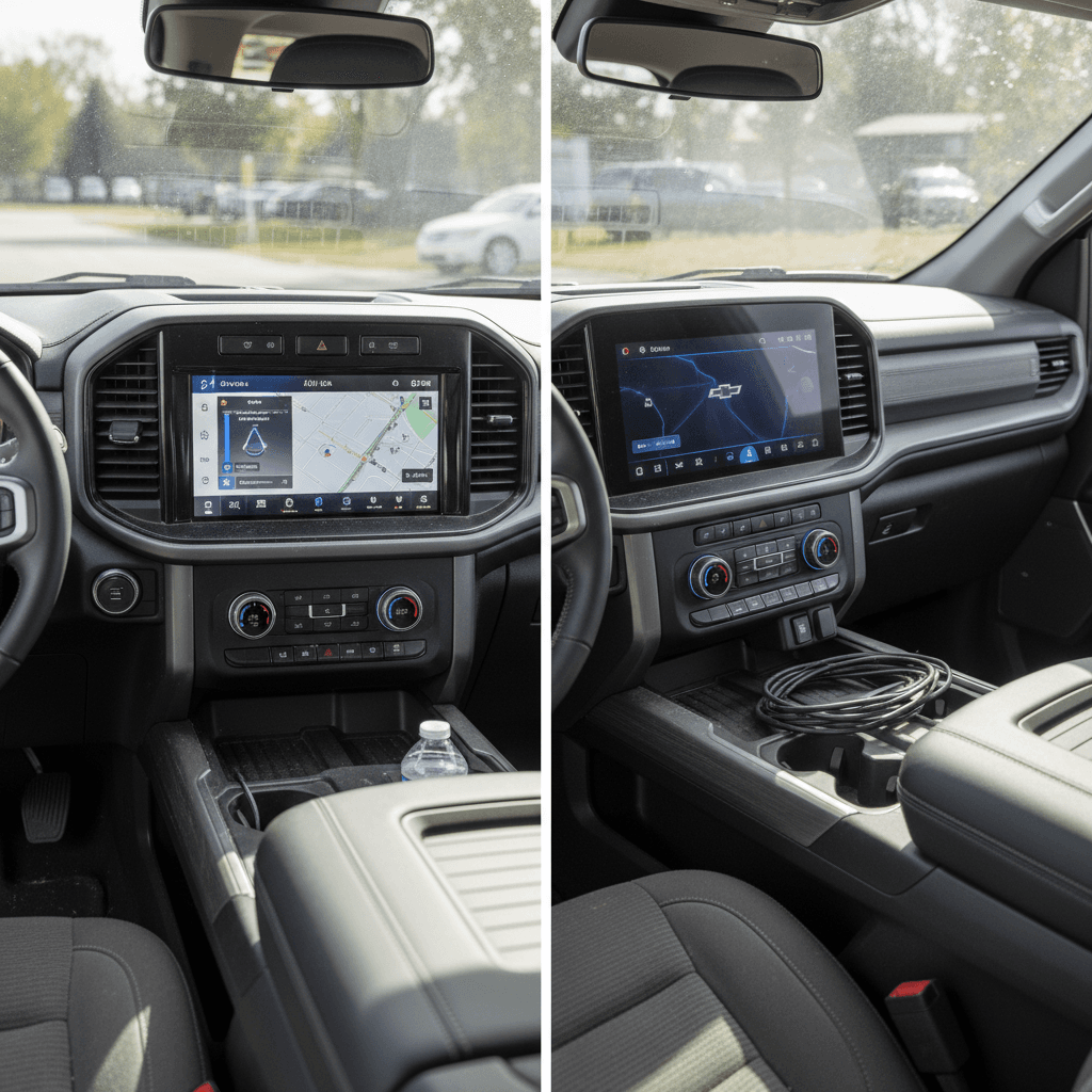 Side-by-side interior view of a used Ford F-150 Lightning and Chevrolet Silverado EV, focusing on digital gauge clusters and center touchscreens.