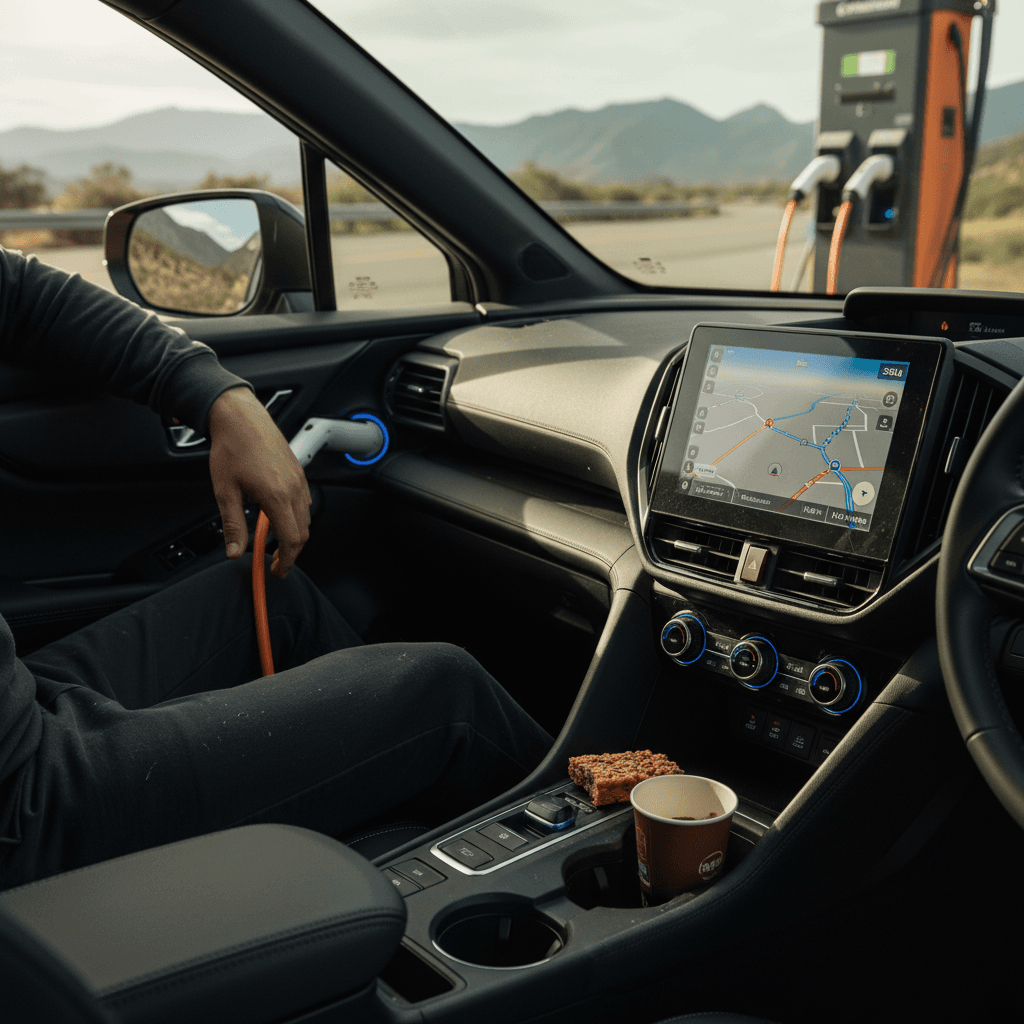 Driver parked at a DC fast charger using the Subaru Solterra’s navigation and charging apps to plan the next leg of a road trip