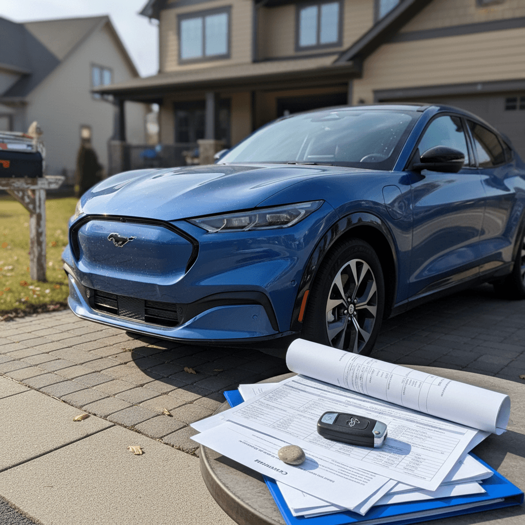 A Ford Mustang Mach-E parked in a residential driveway, representing an owner considering insurance costs.