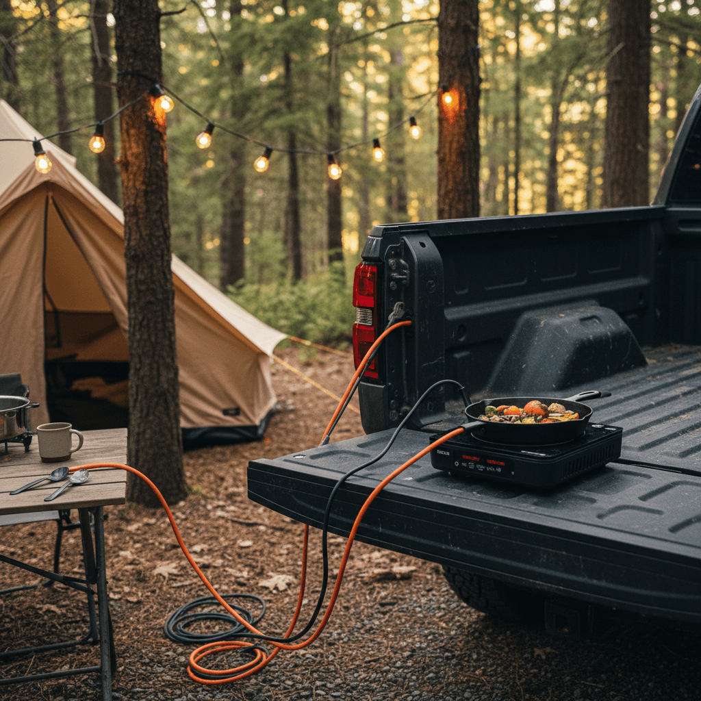 Electric pickup truck at a forest campsite powering string lights and a camp kitchen from bed-mounted outlets