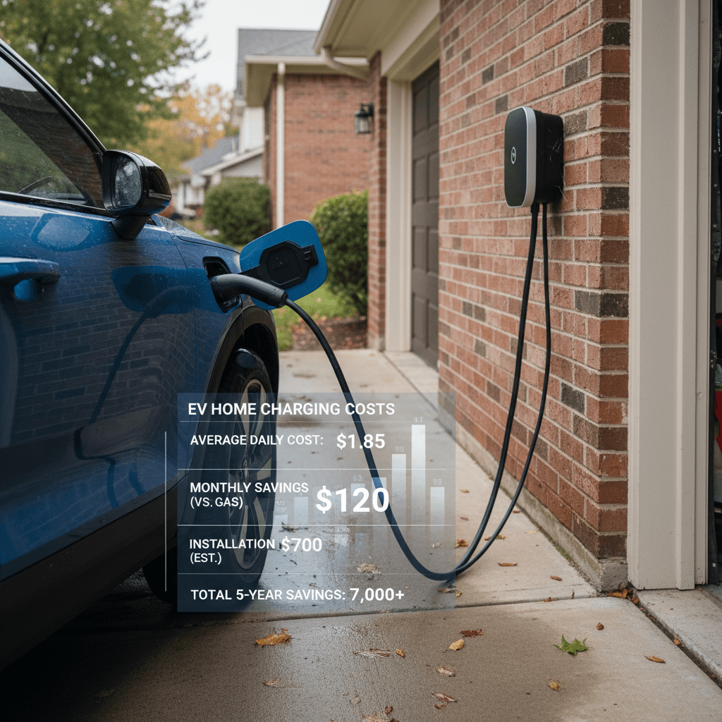 Volvo EX30 parked in a suburban driveway plugged into a home Level 2 charger, representing annual charging cost at home