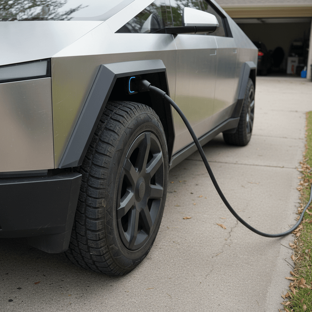 Cleaned and detailed Tesla Cybertruck parked in a driveway, ready for listing photos