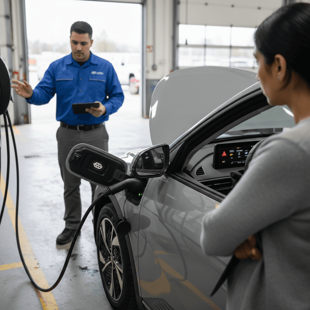 Service advisor reviewing a 2022 Hyundai Ioniq 5 repair order with the owner next to the charging port