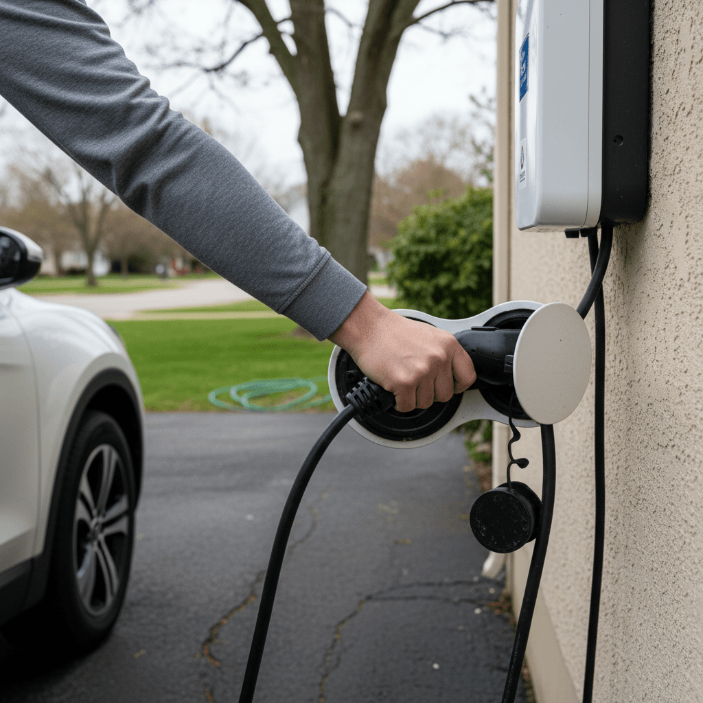 Driver plugging in an electric vehicle to a Level 2 home charger in a Pennsylvania driveway, illustrating how state and utility incentives support home charging