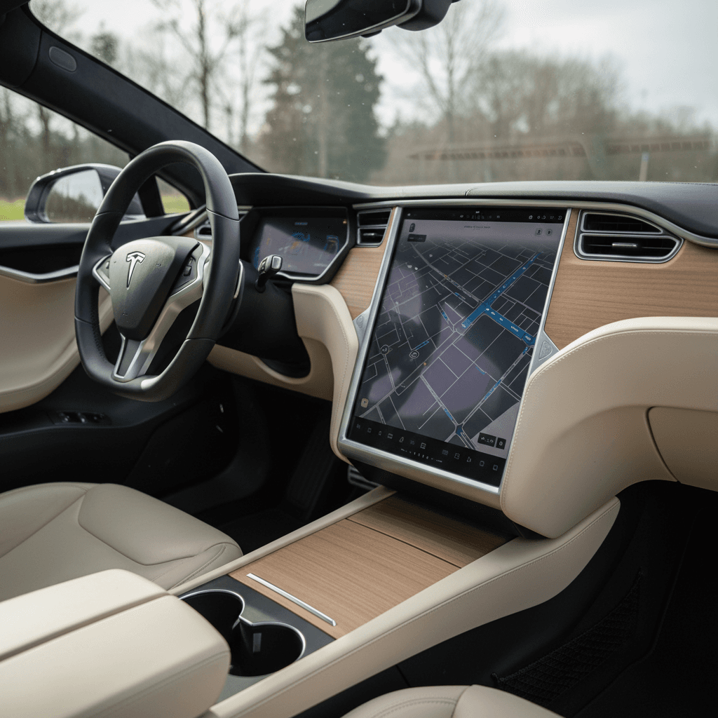 2021 Tesla Model S interior with yoke steering wheel and center screen in a minimalist cabin