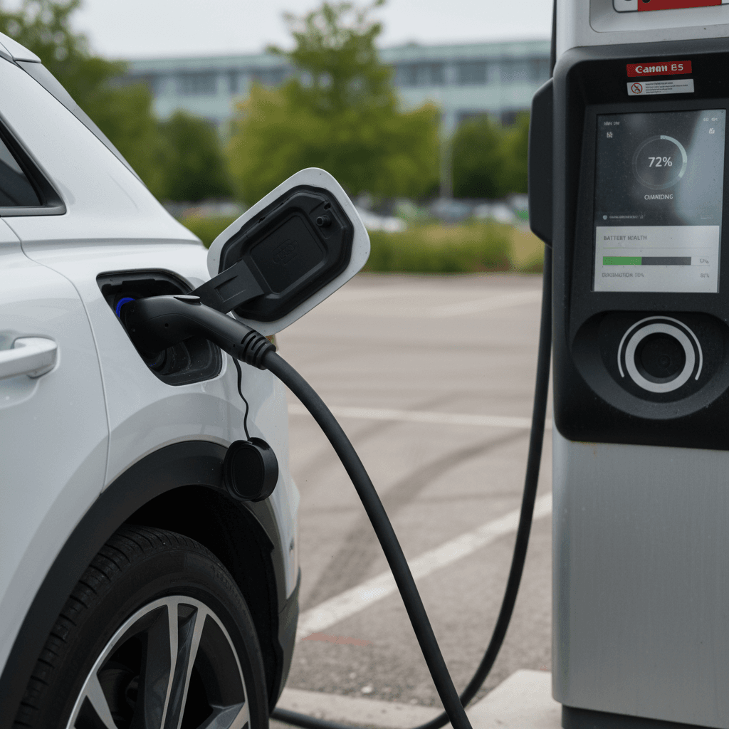 Close-up of an Audi Q4 e-tron plugged into a public charger, with the on-screen battery percentage visible.
