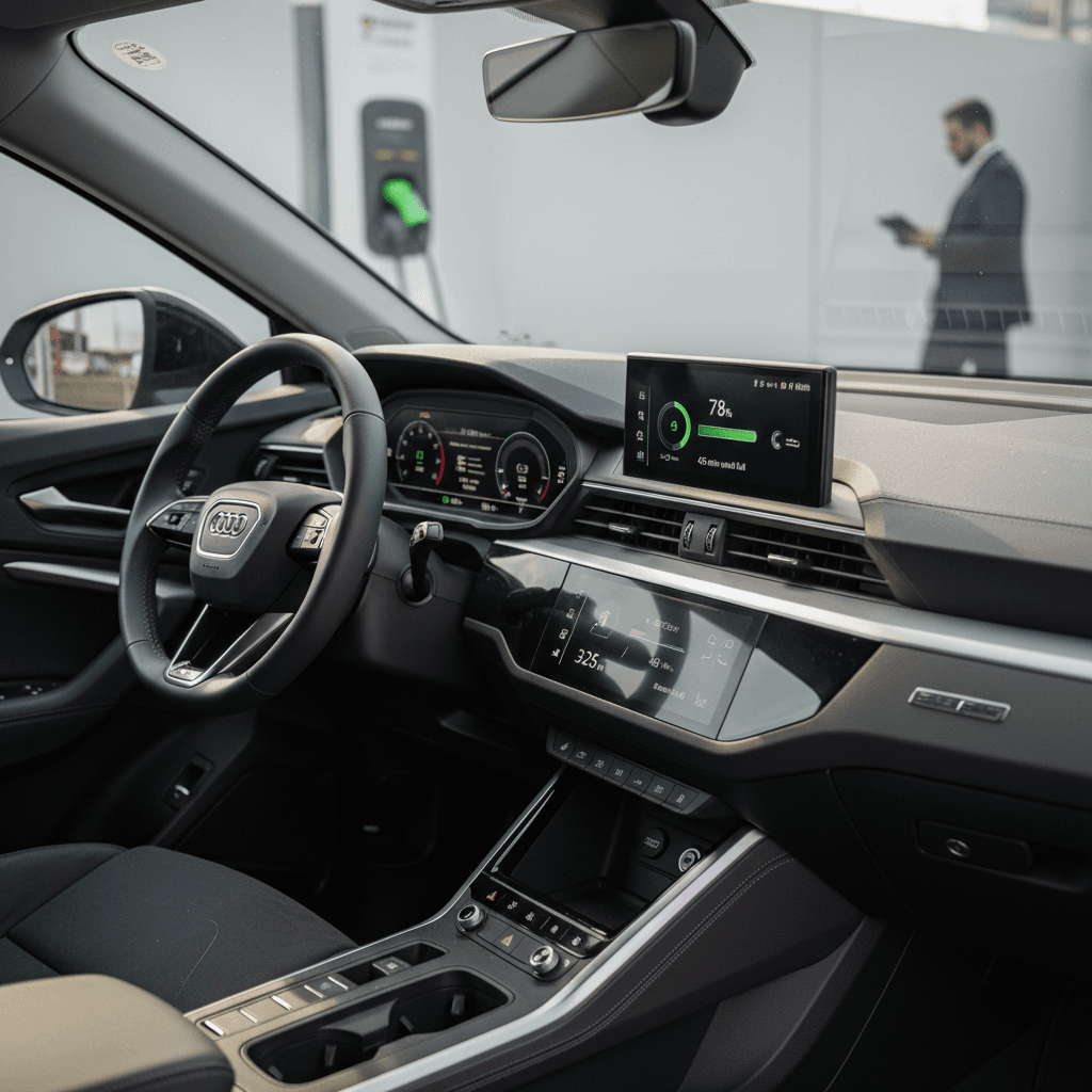 Driver inside an Audi Q4 e-tron monitoring charging status on the center touchscreen while plugged into a public charger
