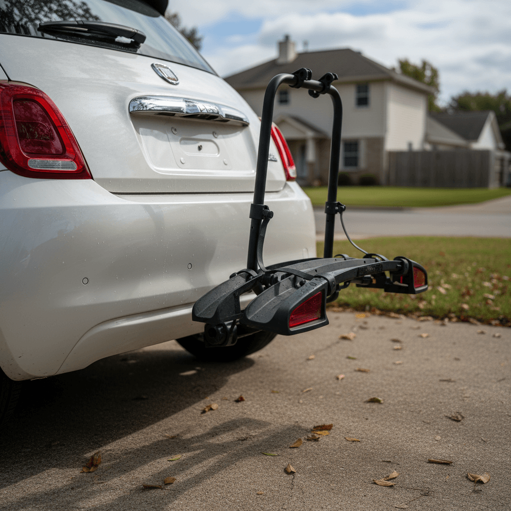 Rear view of a Fiat 500e with a hitch‑mounted bike rack on a residential driveway