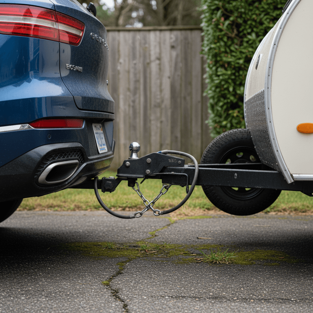 Close-up of an electric SUV’s rear hitch with a small camper trailer attached in a suburban driveway