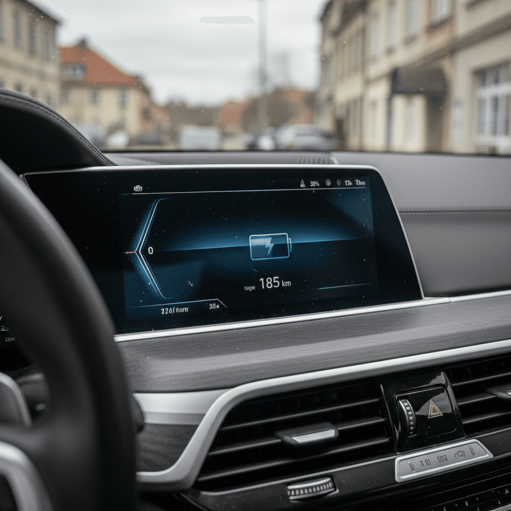 BMW i7 digital instrument cluster displaying battery charge state, projected range, and driver assistance icons
