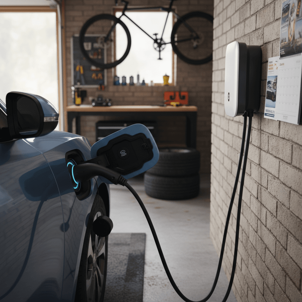 Electric vehicle plugged into a Level 2 wall charger in a Virginia home garage