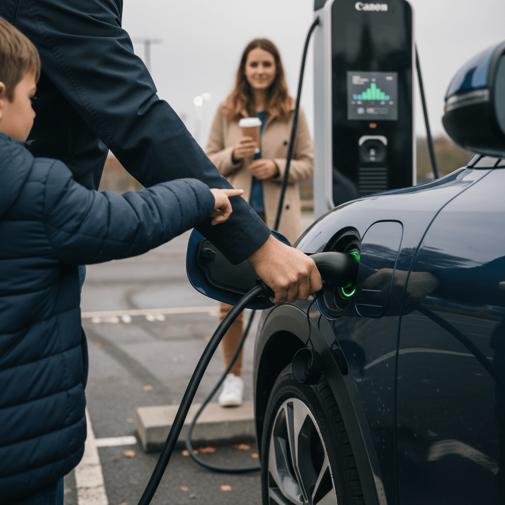 Family standing beside an electric car connected to a public charging station
