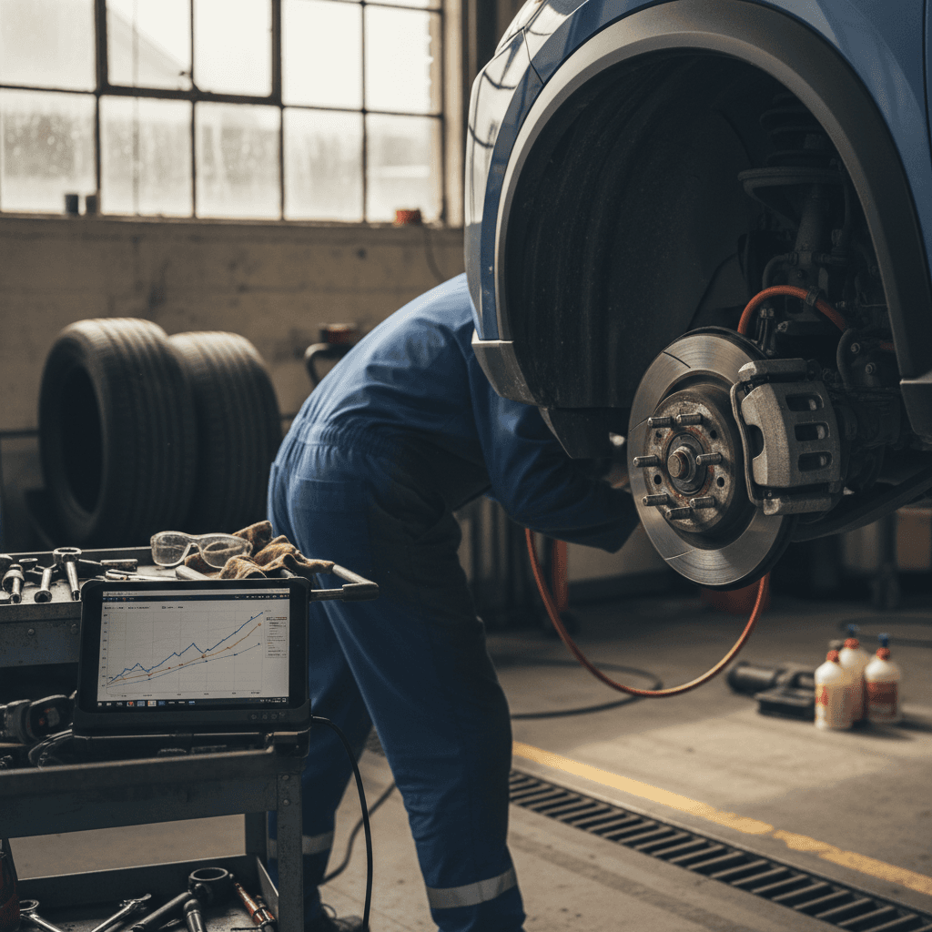 Mechanic inspecting Nissan brake components with the wheel removed during a 30K mile service