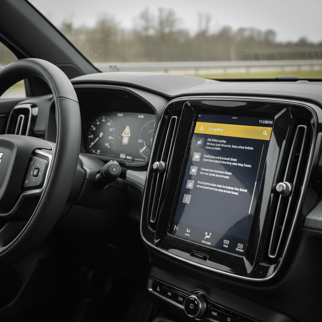 Volvo EX30 digital instrument cluster and center touchscreen showing warning indicators and system messages