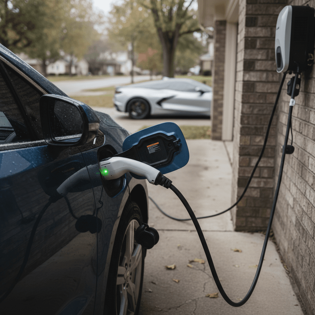 A Chevrolet Volt plug-in hybrid charging at a home driveway