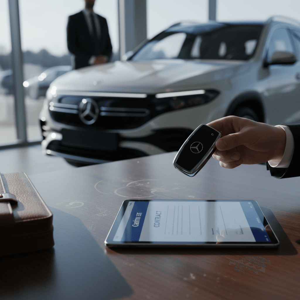 Mercedes EQB owner reviewing an EV battery health report with a specialist while discussing sale options